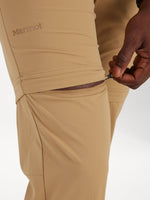 Marmot convertible pants in tan showing zippered leg conversion feature