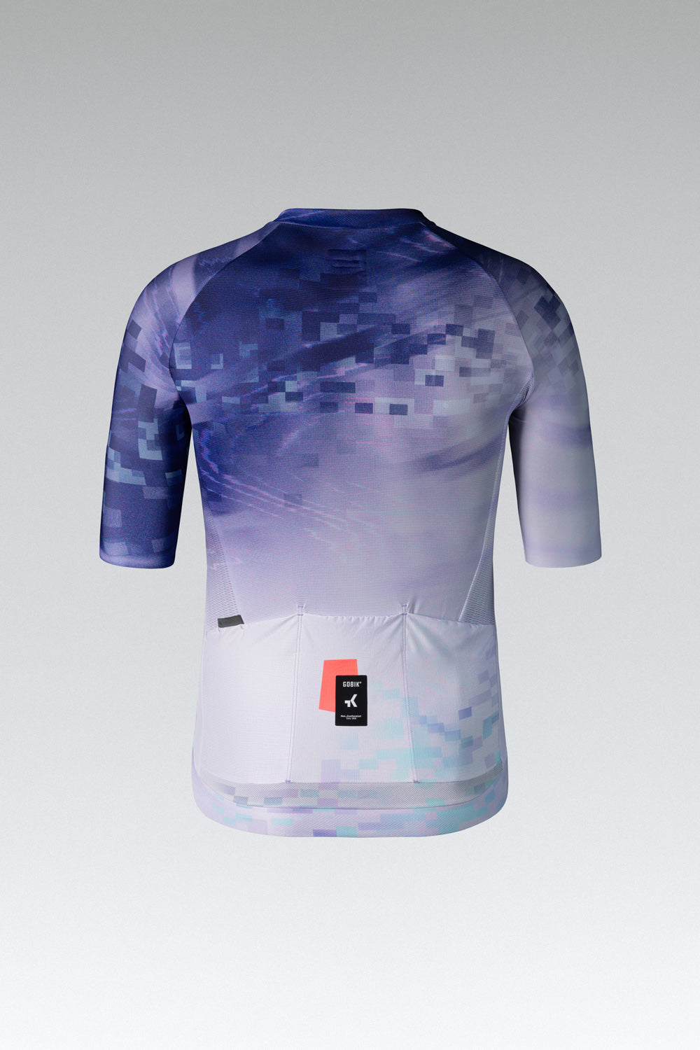 Gobik CX Pro cycling jersey in purple-blue gradient with digital pixel pattern