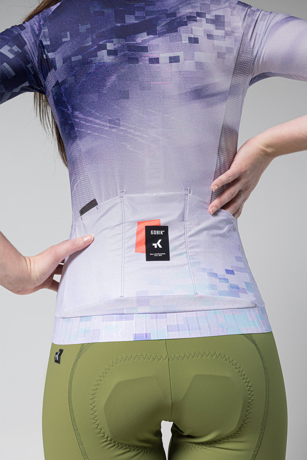GOBIK CX Pro cycling jersey in purple pixelated pattern with rear pockets