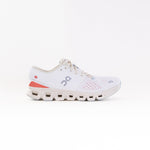 On Cloud X 4 white running shoe with coral accent and distinctive cloud sole