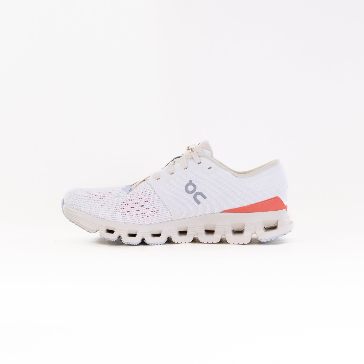 On Cloud X 4 women's running shoe in ivory white with salmon coral accent stripe