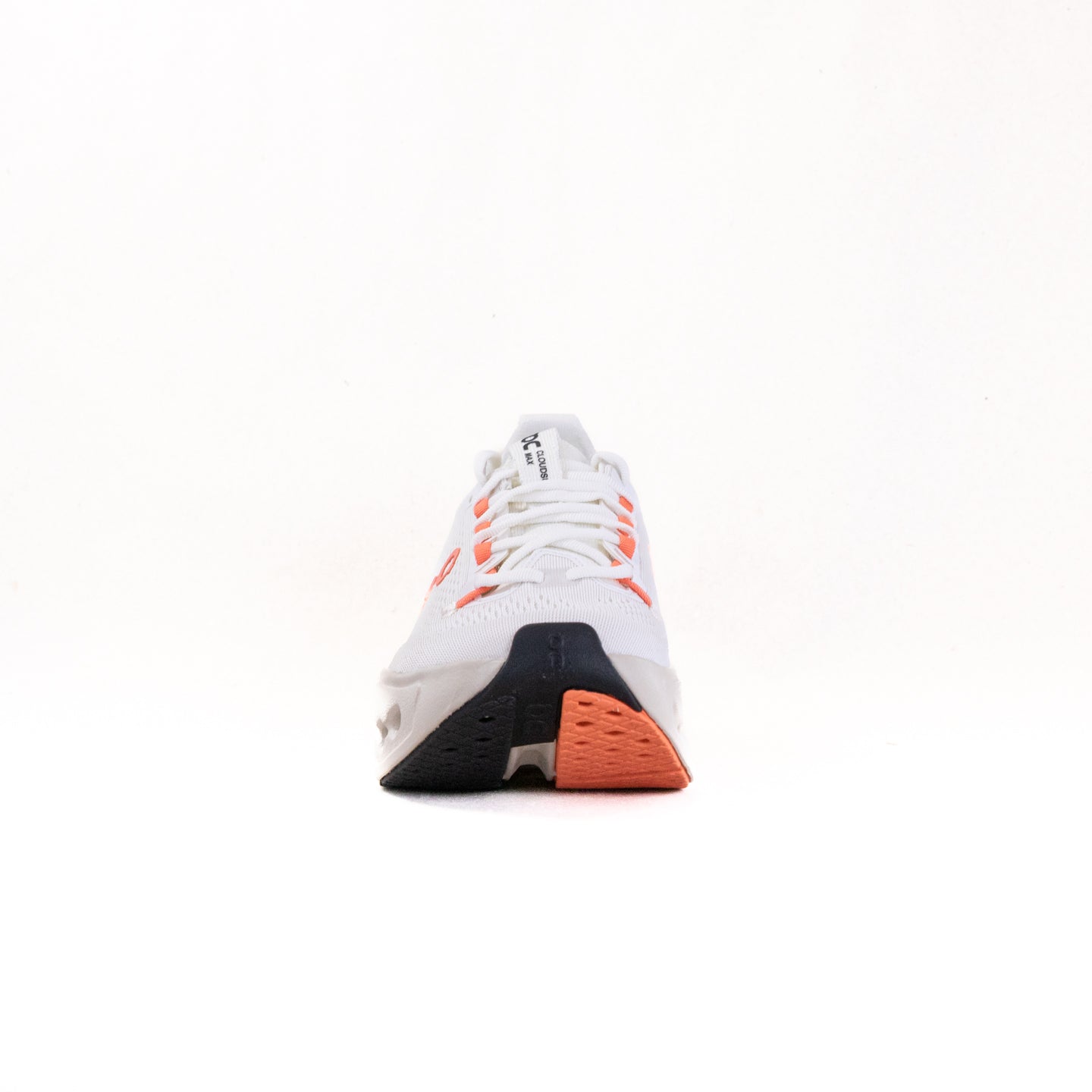 On Cloudsurfer Max women's running shoe in ivory with salmon orange details, front view