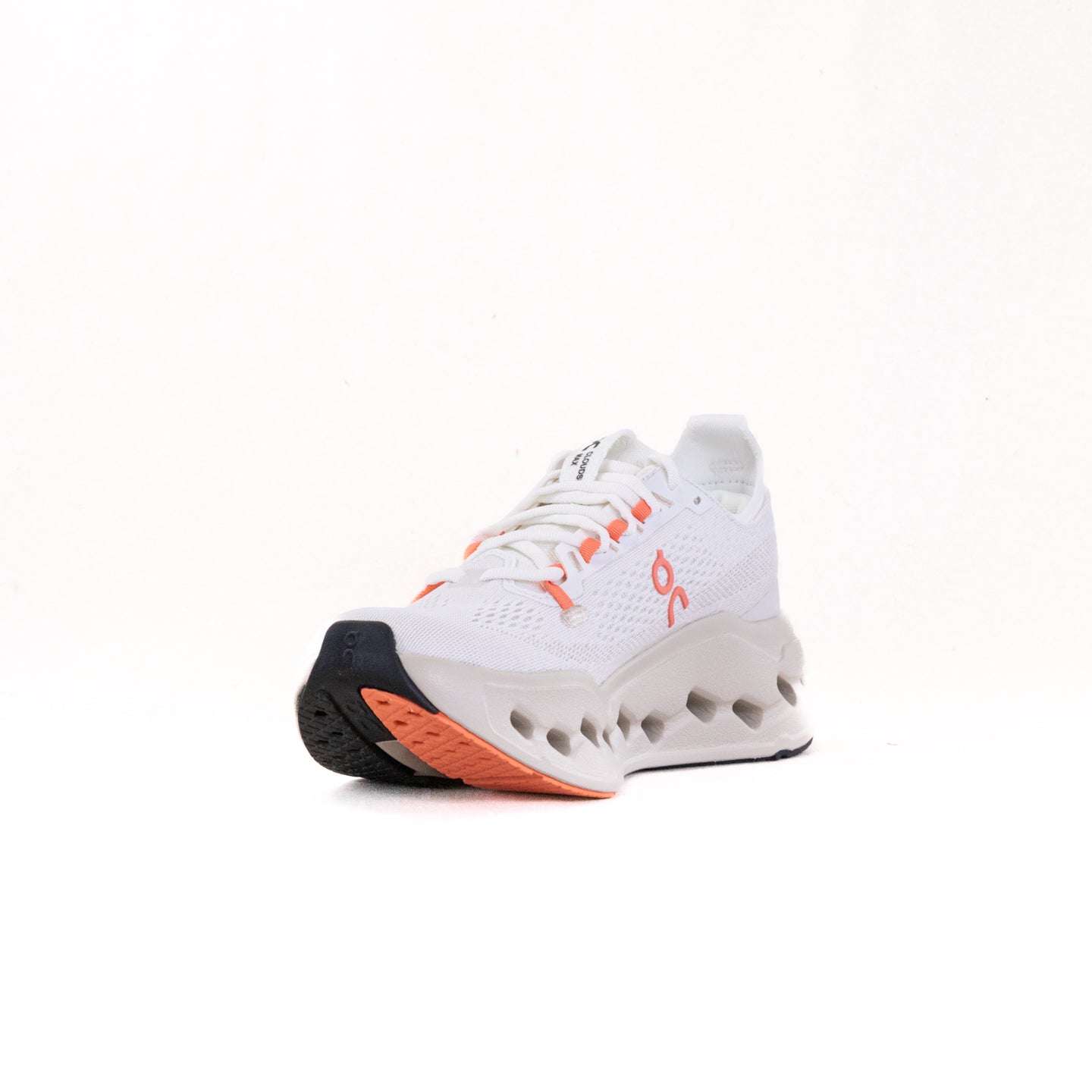On Cloudsurfer Max women's running shoe in white with orange coral details