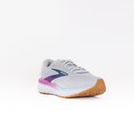 Brooks Ghost 16 women's running shoe in white and grey with blue accents