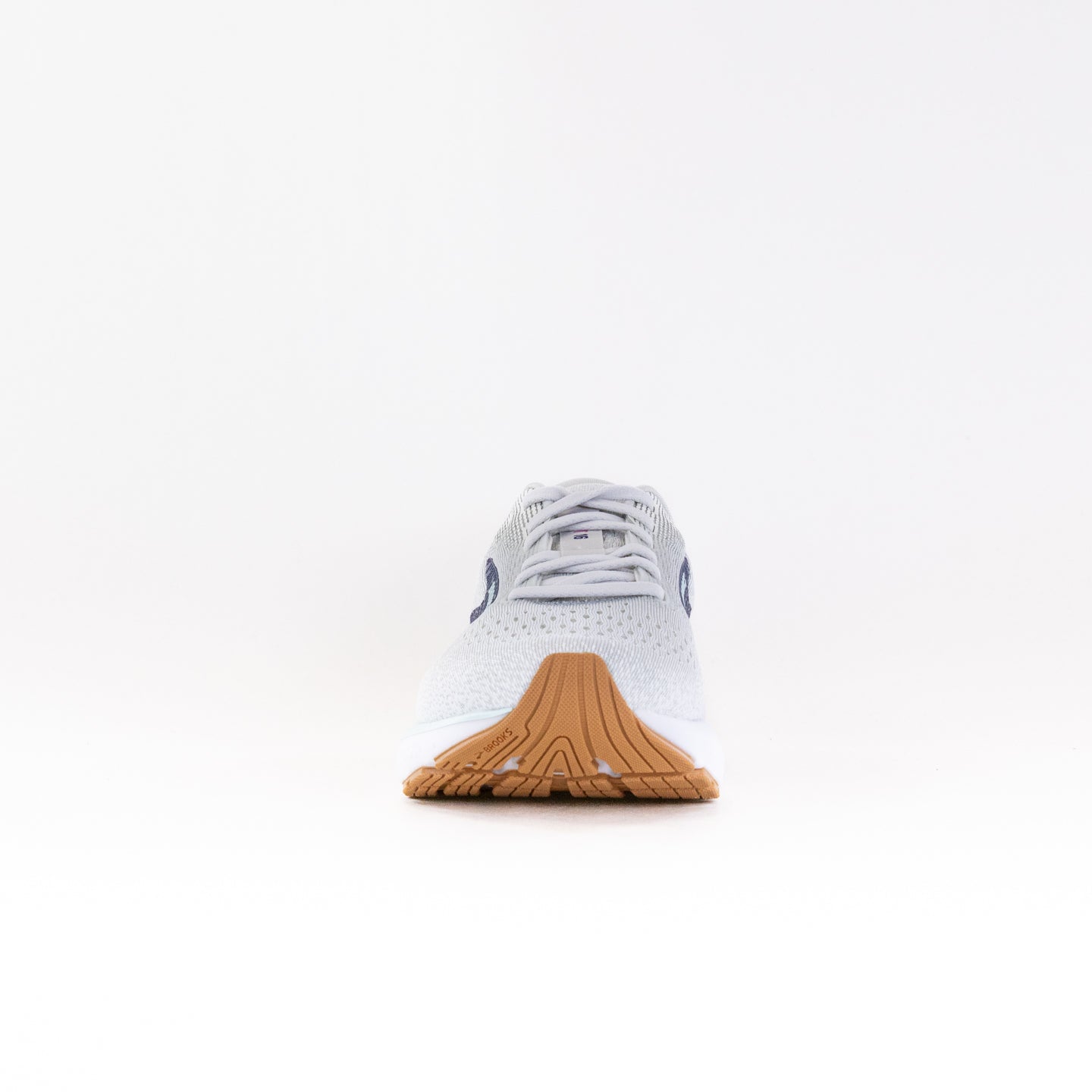 Brooks Ghost 16 running shoe in white and grey with navy accents, front view