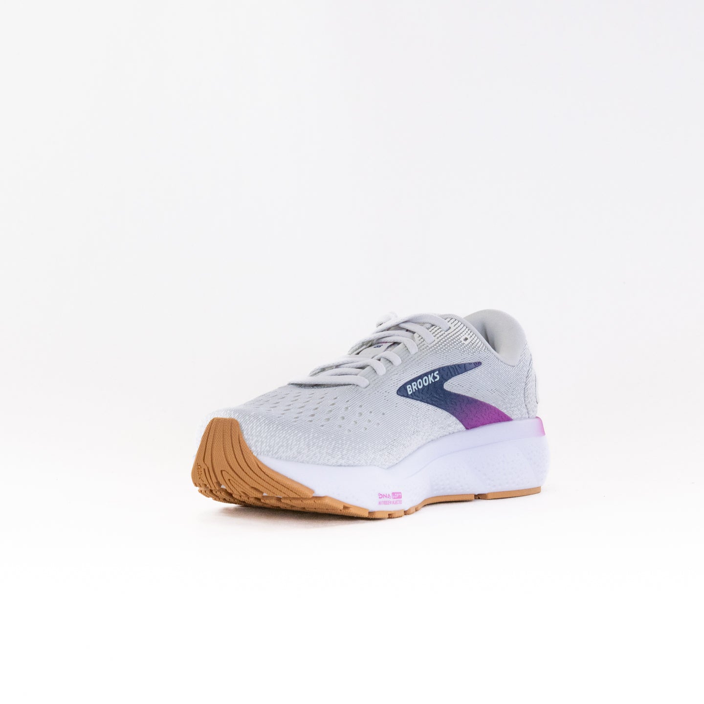 Brooks Ghost 16 women's running shoe in light grey with blue purple accents