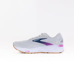 Brooks Ghost 16 women's running shoe in white and grey with navy blue branding