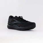 Brooks Ghost 16 men's running shoe in all-black colorway on white background