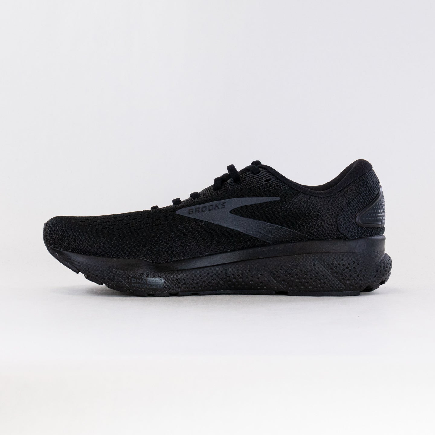 Brooks Ghost 16 men's running shoe in black colorway on white background