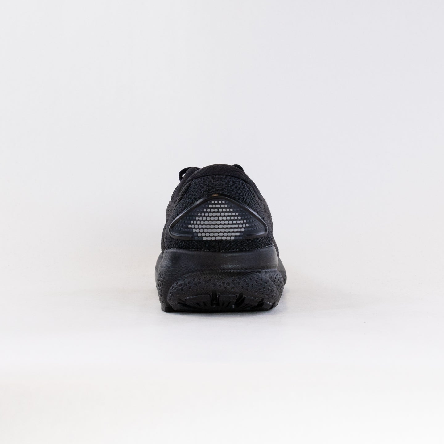 Brooks Ghost 16 men's running shoe in black colorway, rear heel view