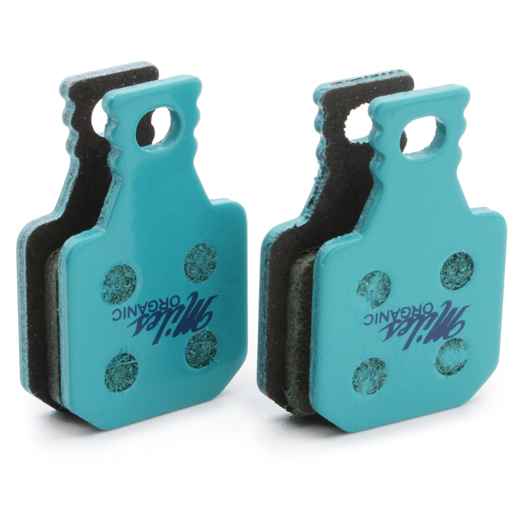 Pair of Magura MT7 Next organic brake pads in turquoise color