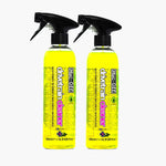 Two Muc-Off Drivetrain Cleaner 500ml spray bottles with yellow liquid and black trigger sprayers