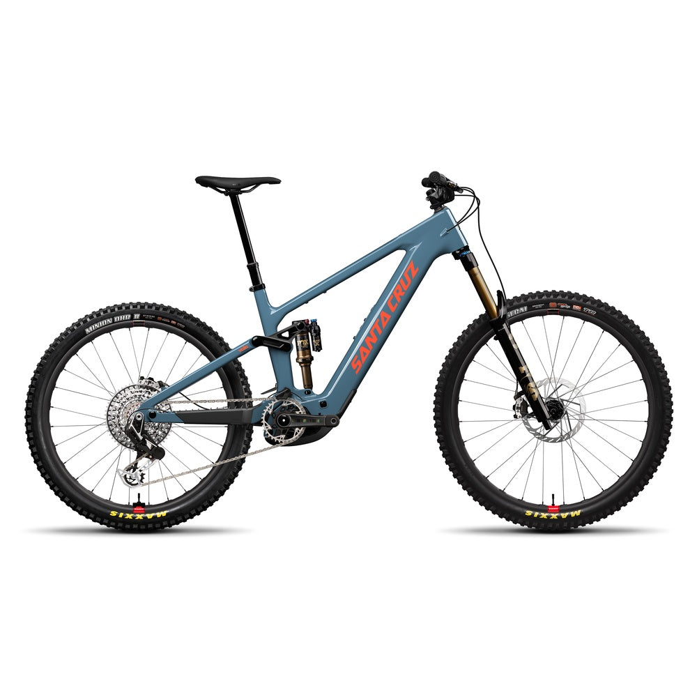 Santa Cruz full suspension mountain bike in blue-gray frame with orange text