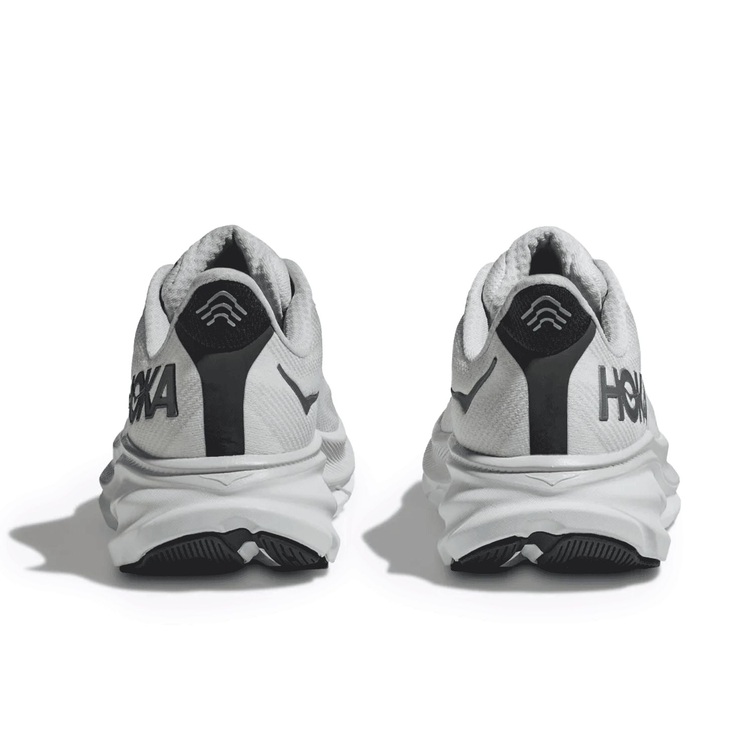 HOKA Clifton 9 men's running shoes back view in Nimbus Cloud and Steel Wool colorway
