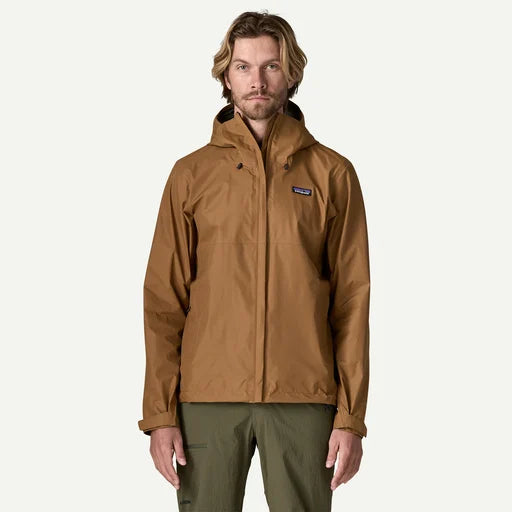 Patagonia Men's Torrentshell 3L Jacket in Deer Brown, front view on male model