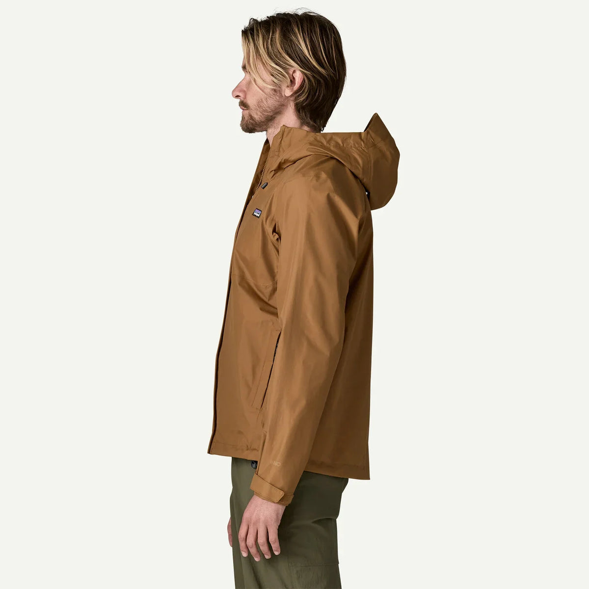 Patagonia Men's Torrentshell 3L Jacket in Deer Brown, side profile view on male model