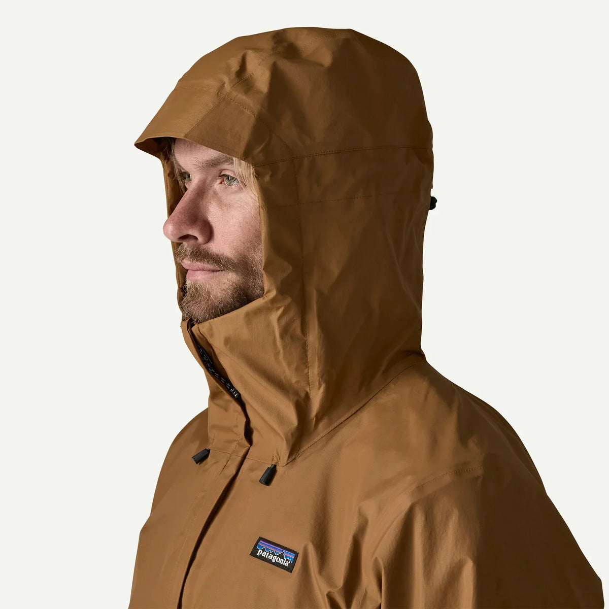 Patagonia Torrentshell 3L Jacket Deer Brown close-up of adjustable hood and collar detail
