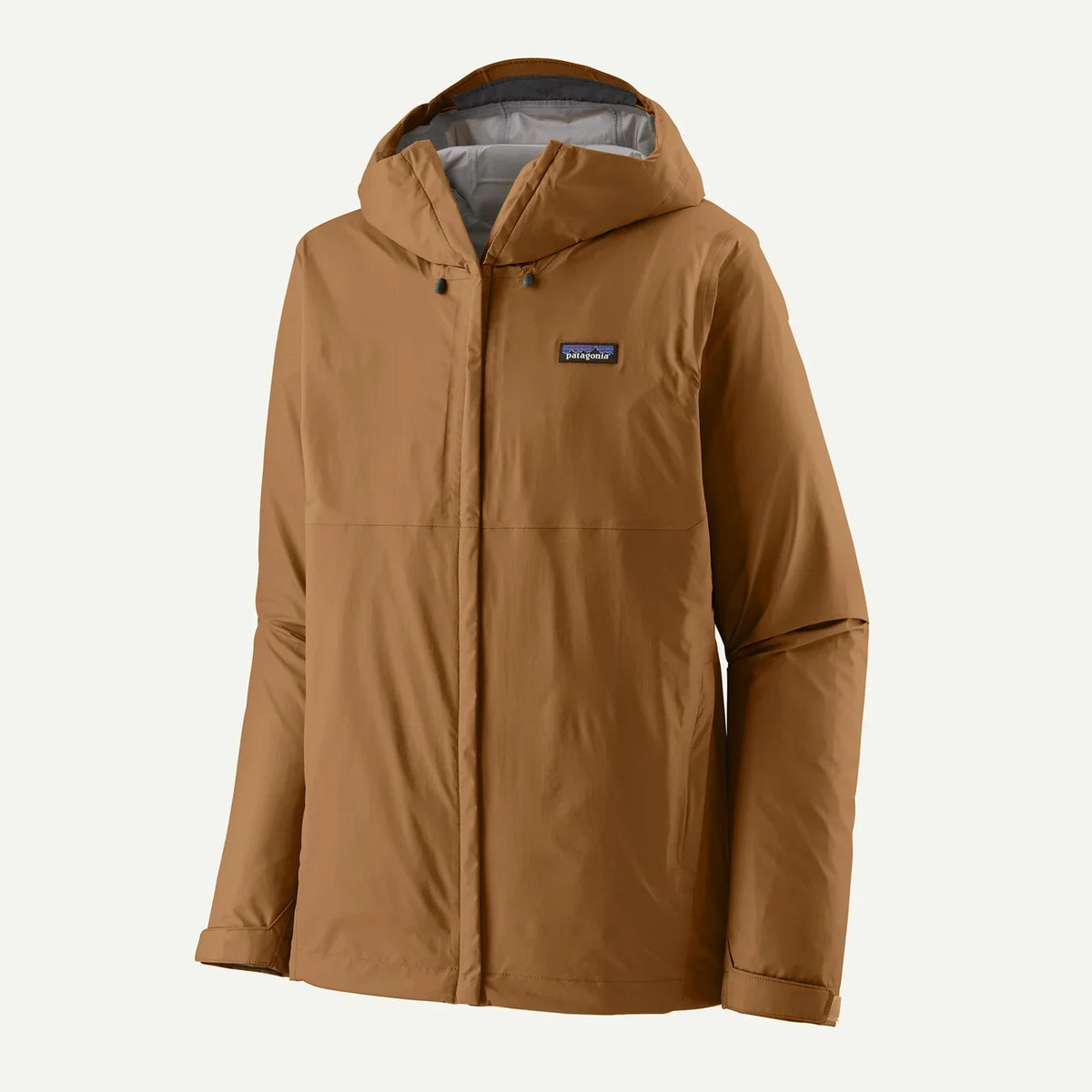 Patagonia Men's Torrentshell 3L Jacket Deer Brown flat lay showing full jacket with hood open