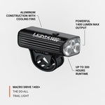 Lezyne Macro Drive 1400+ bike light infographic highlighting aluminum construction, 1400 lumens, and 300-hour runtime