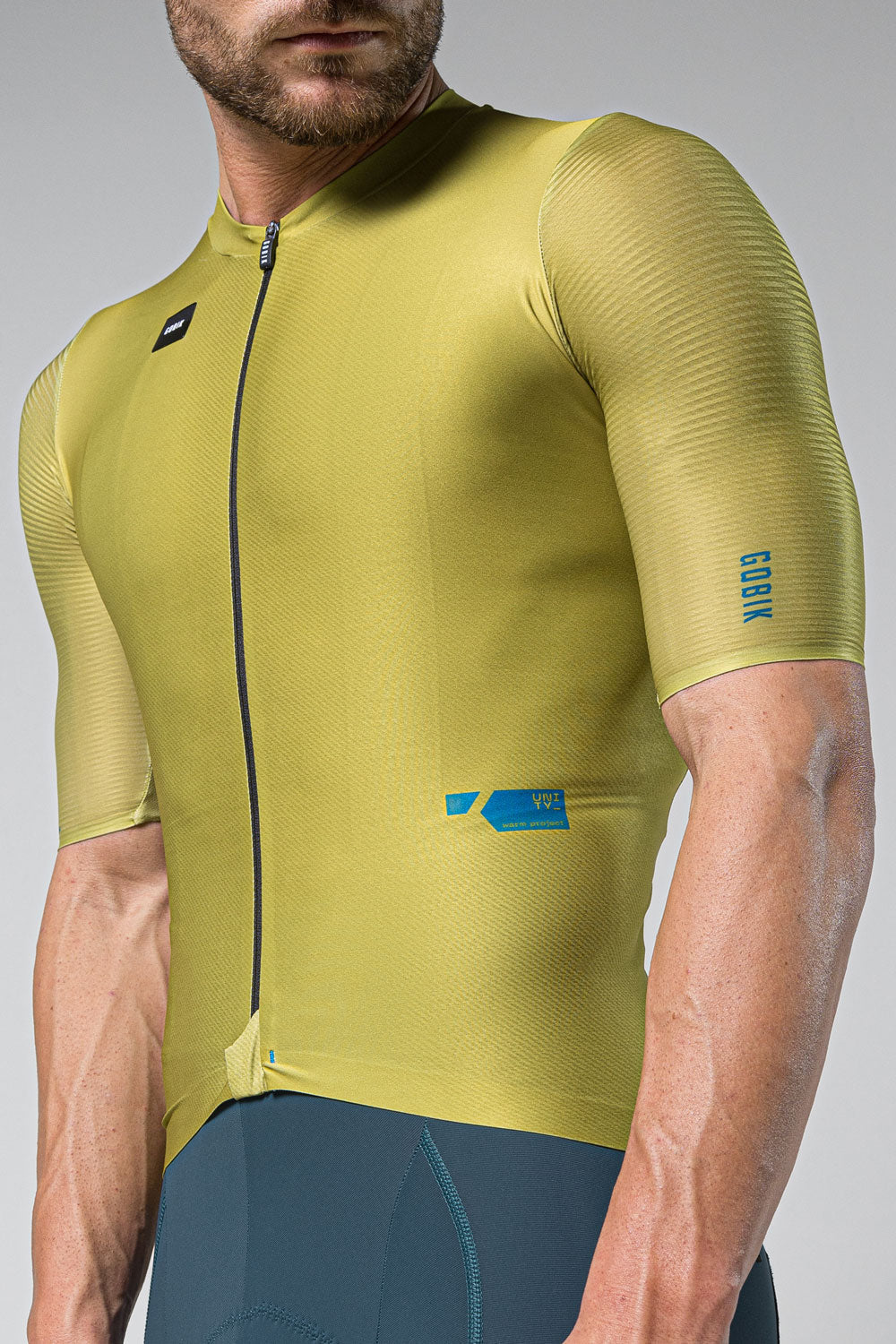 Gobik Attitude 2.0 cycling jersey in split green on male model