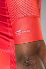 Gobik Carrera 2.0 short sleeve cycling jersey in cherry red showing sleeve detail and branding
