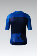 Gobik Stark men's cycling jersey in blue and navy colorblock design, back view