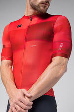 Man wearing red Gobik Stark cycling jersey with full zip and short sleeves