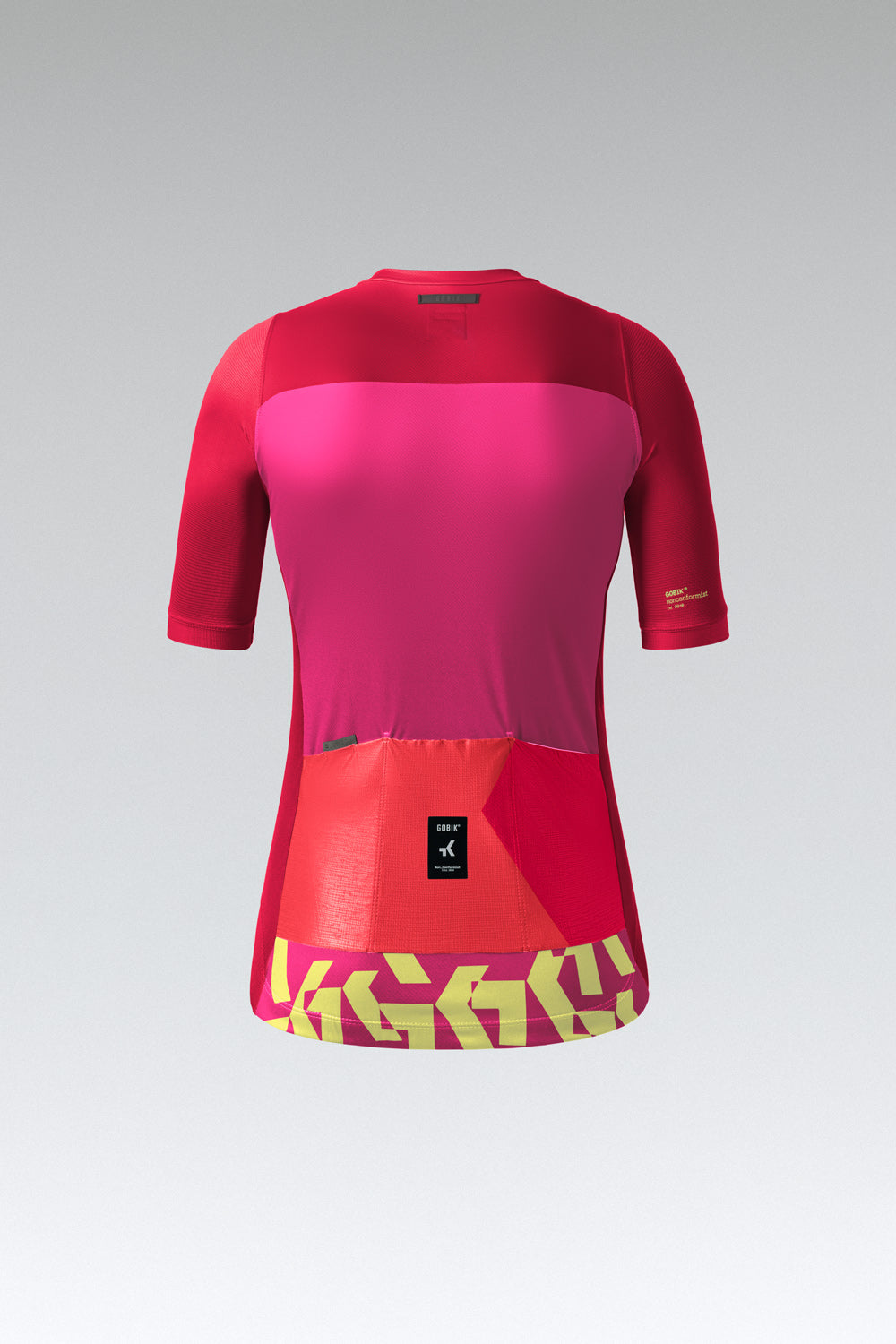 Gobik Stark women's cycling jersey in azalea pink with red sleeves and yellow branding