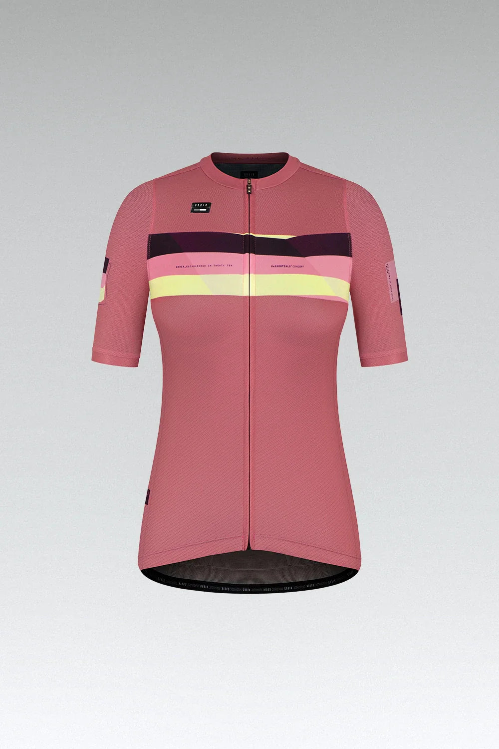 Gobik Stark women's cycling jersey in rapture rose with colorful chest stripes