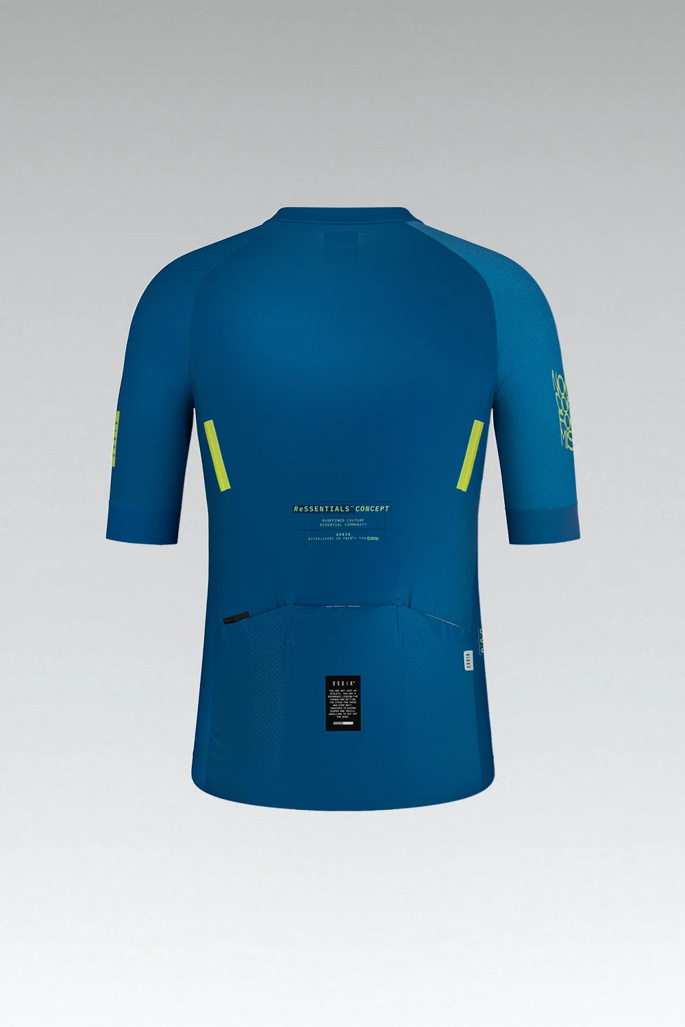 Gobik CX 2.0 Pro cycling jersey back view in Mykonos blue with yellow details