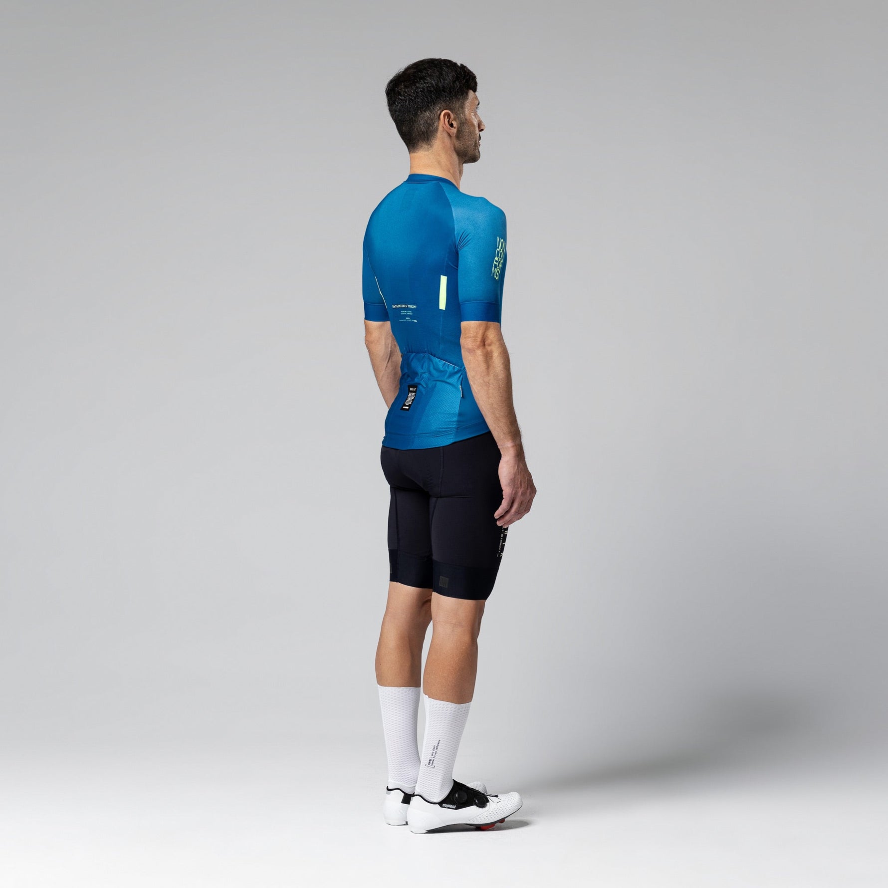 Male model wearing blue Gobik CX 2.0 Pro cycling jersey with black shorts