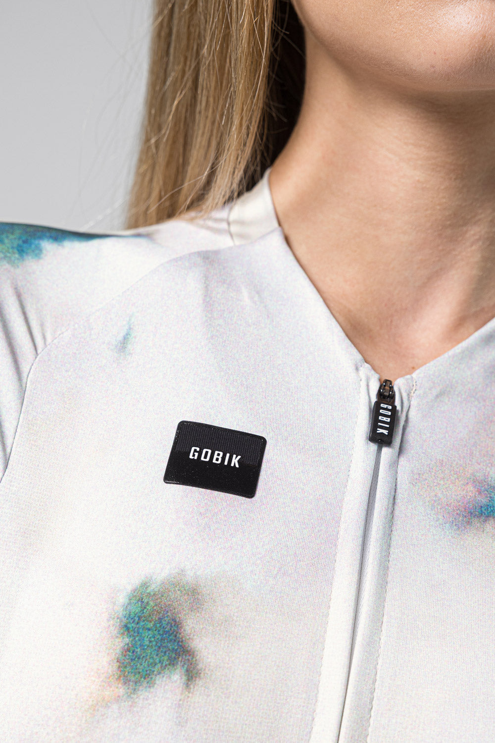 Gobik CX Pro cycling jersey in white with colorful tie-dye pattern