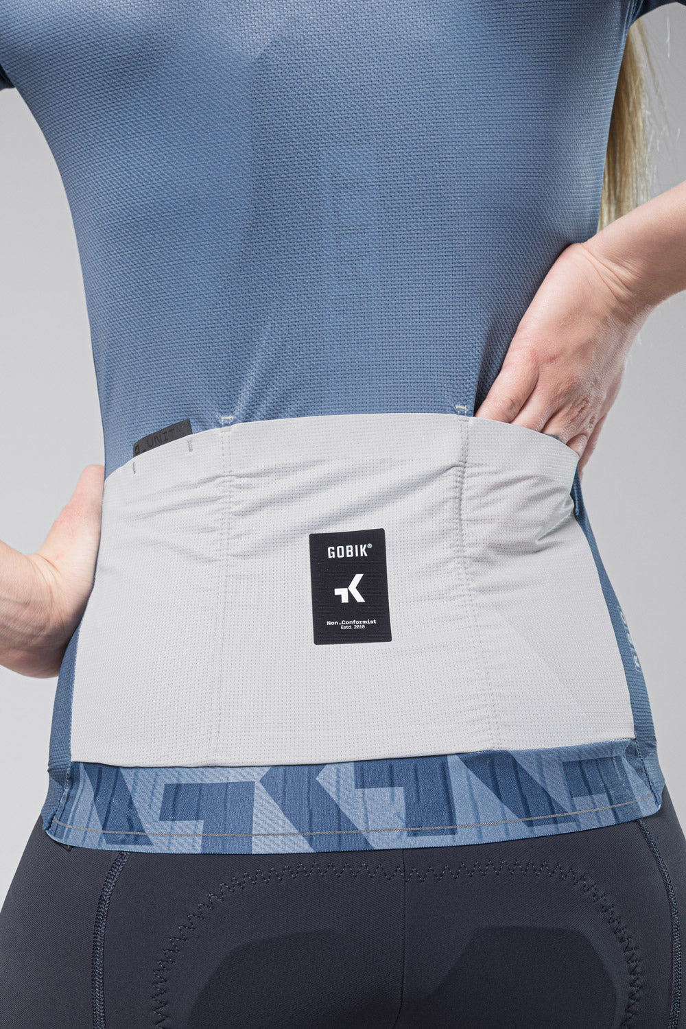 GOBIK Infinity cycling jersey in blue and gray Command colorway with brand label