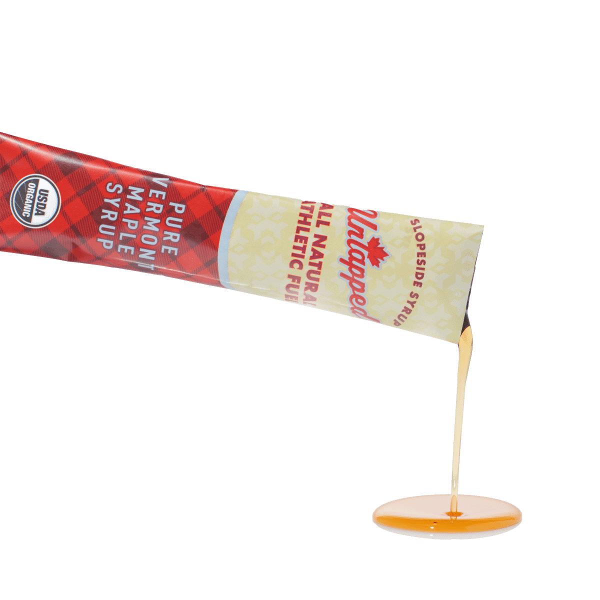 UnTapped Pure Vermont Maple Syrup gel pack pouring golden amber syrup on white background