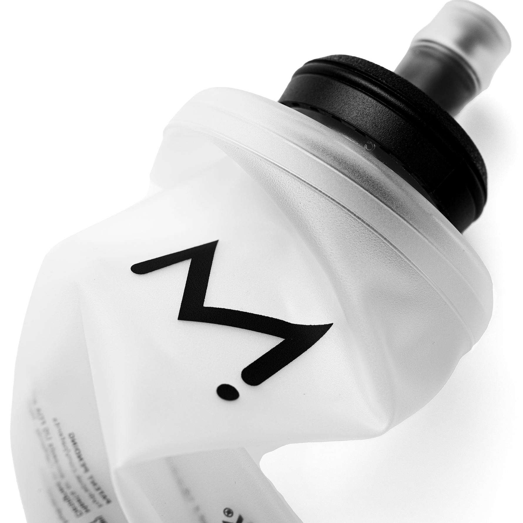 Maurten white sports drink flask with black cap and logo on clean background