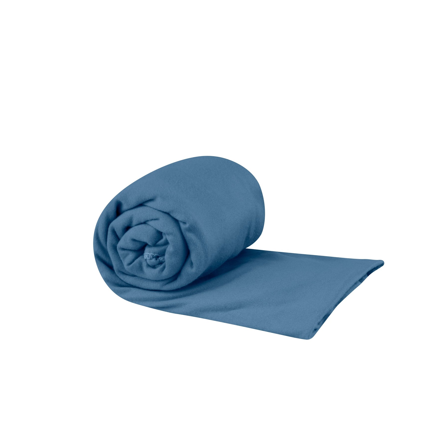 Sea to Summit blue pocket towel rolled up and partially unfolded