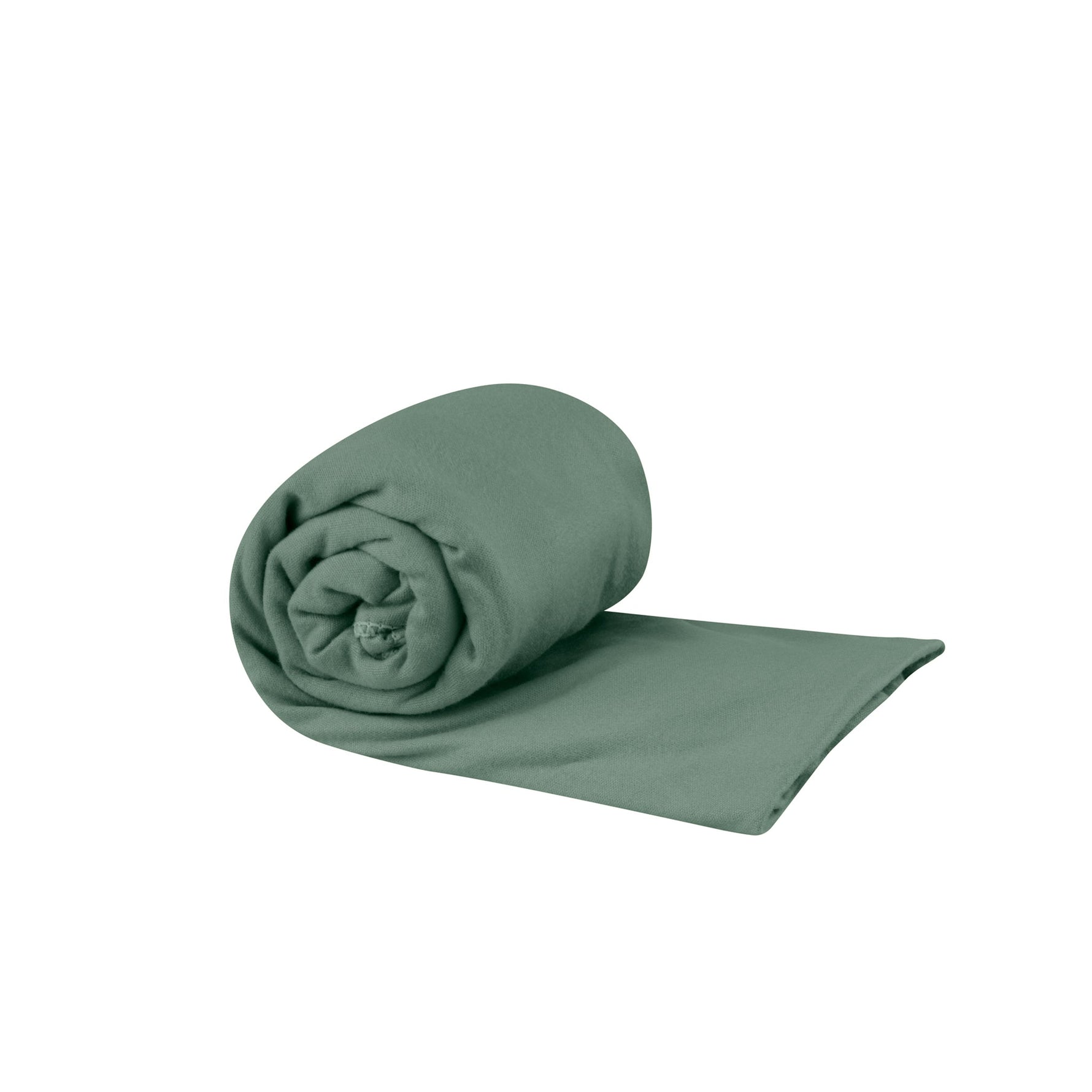 Sea to Summit Pocket Towel in sage green color, rolled and partially unfolded