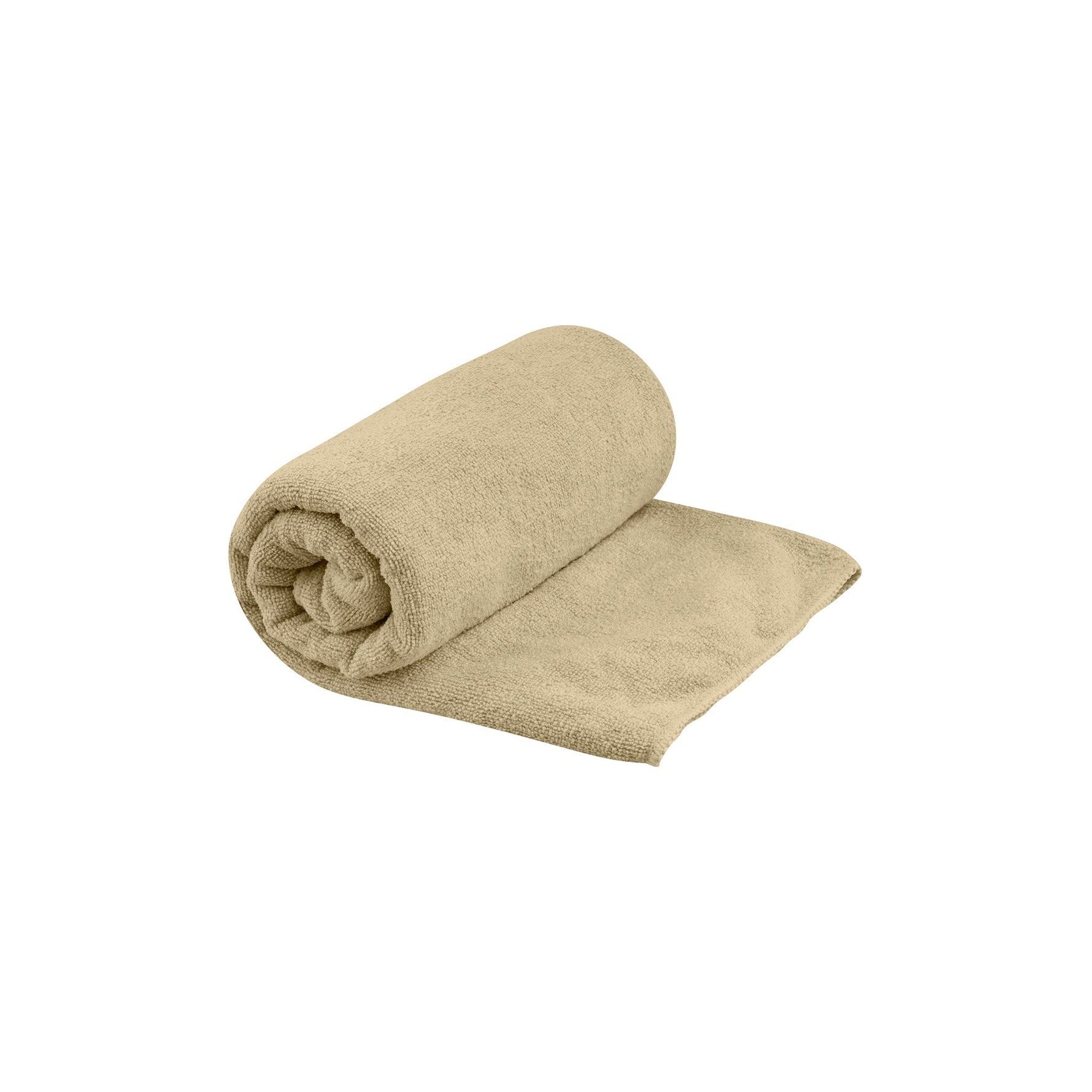 Sea To Summit Tek Towel in desert brown color, rolled and partially unfolded
