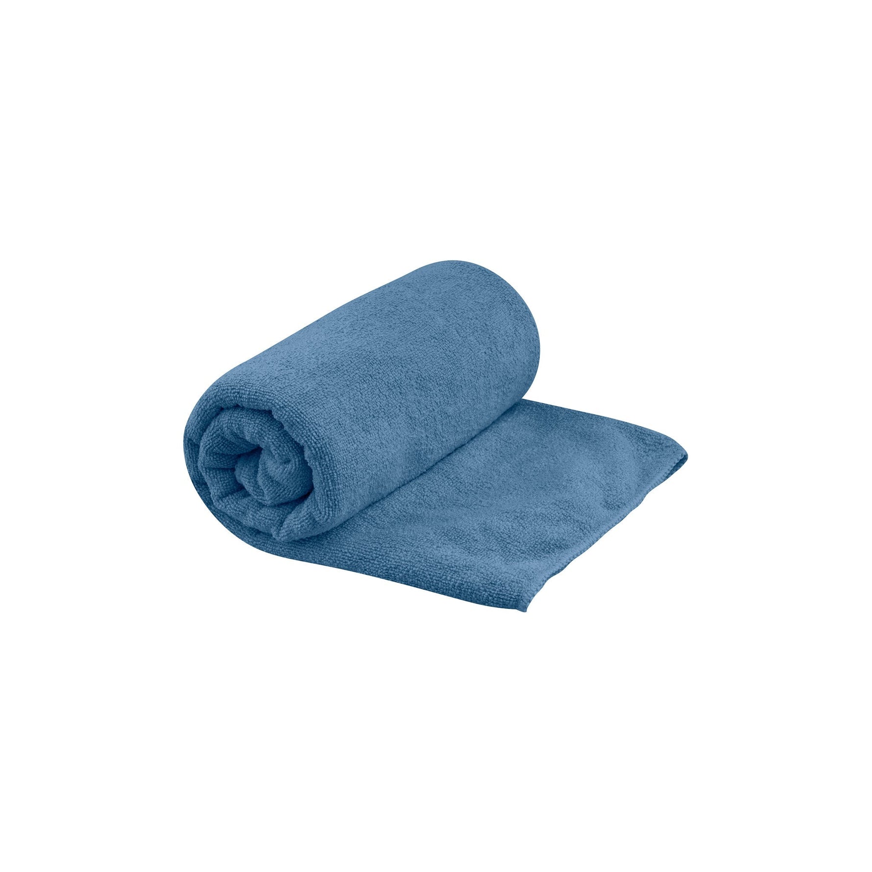 Sea To Summit Tek Towel in blue, partially rolled up against white background