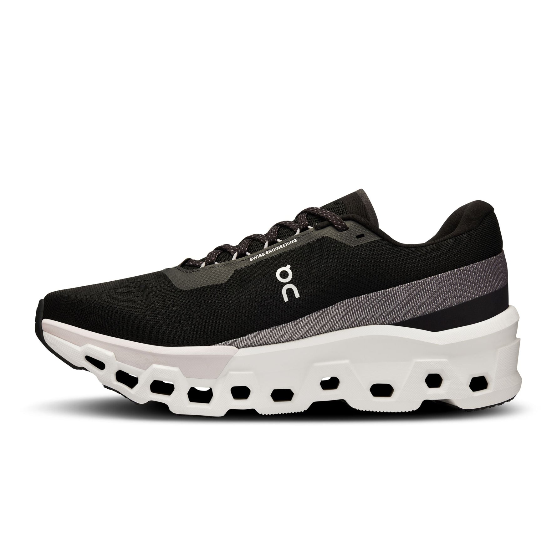 On Cloudmonster 2 running shoe in black and frost colorway with CloudTec sole