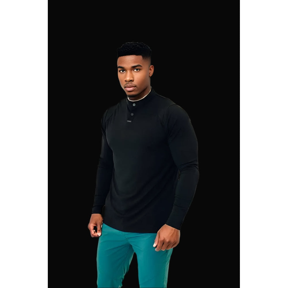 Black long sleeve men's jersey with button collar on model