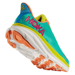 Men's HOKA Clifton 9 running shoe in Ceramic Evening Primrose colorway showing sole and back angle