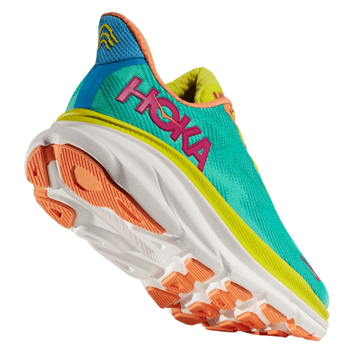 Men's HOKA Clifton 9 running shoe in Ceramic Evening Primrose colorway showing sole and back angle