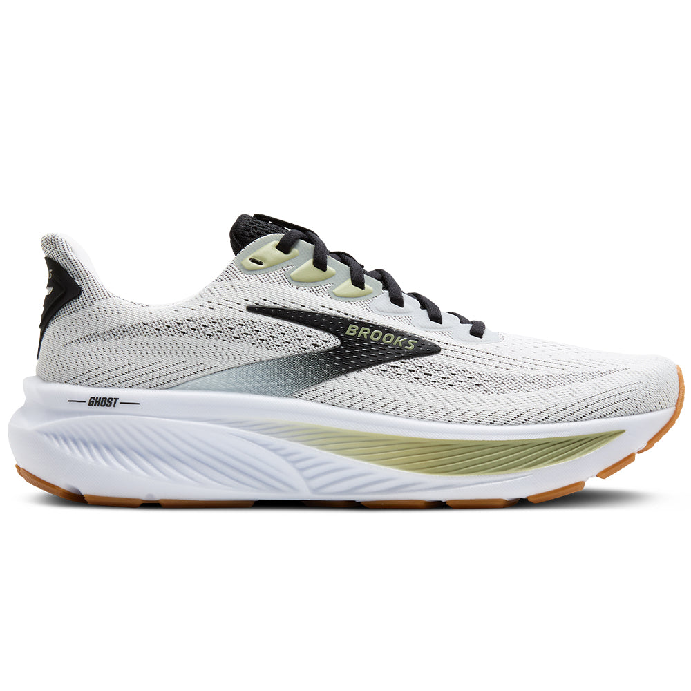 Brooks Ghost 17 men's running shoe in white, black, and tea green colorway