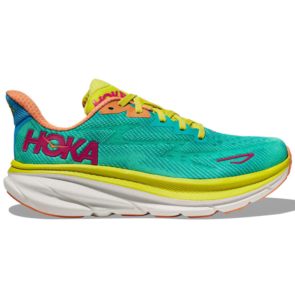 Men's HOKA Clifton 9 running shoes in Ceramic Evening Primrose colorway with teal upper