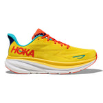 Hoka Clifton 9 running shoes in Passion Fruit/Maize colorway with yellow upper and orange accents