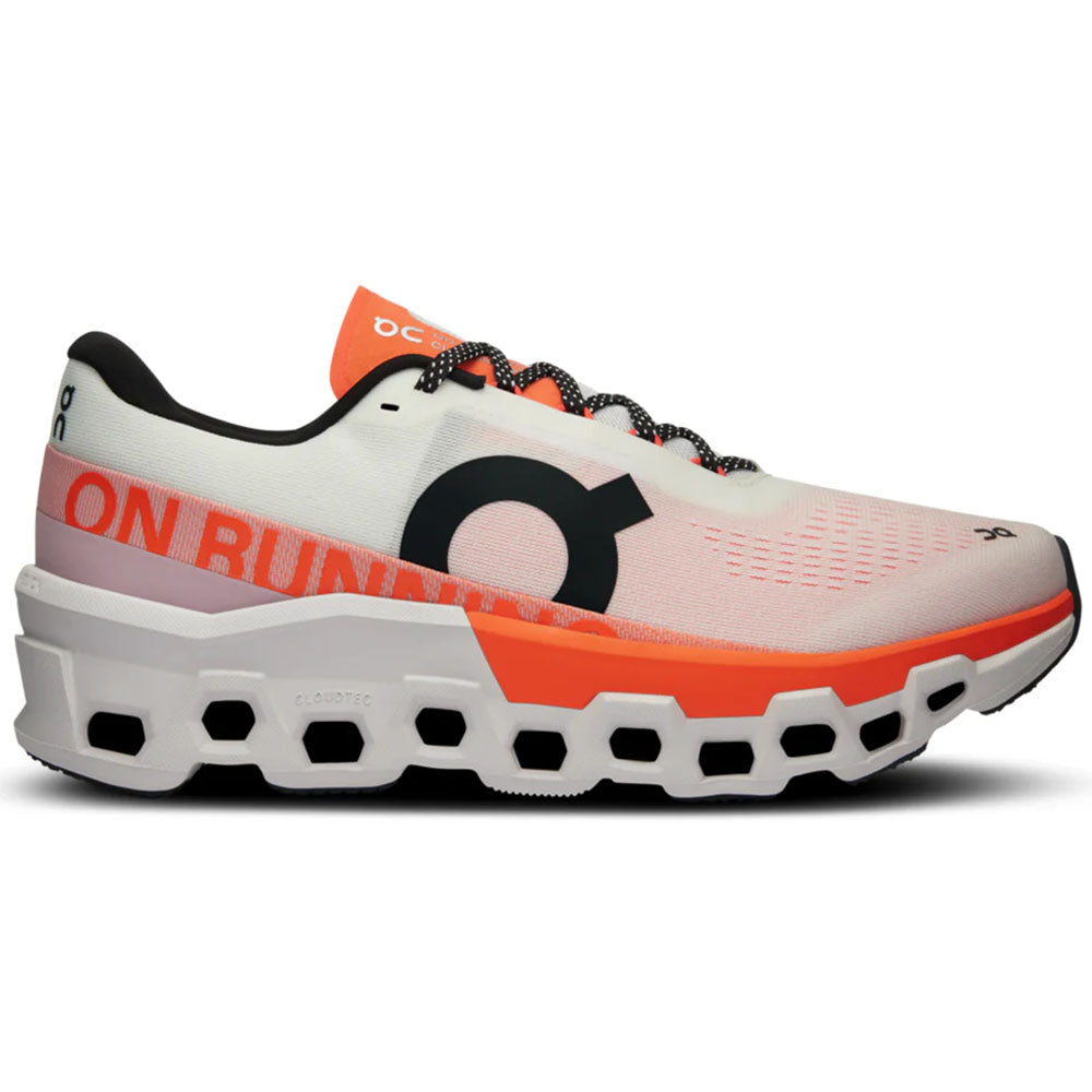 On Cloudmonster 2 running shoe in undyed white with flame orange accents and CloudTec sole