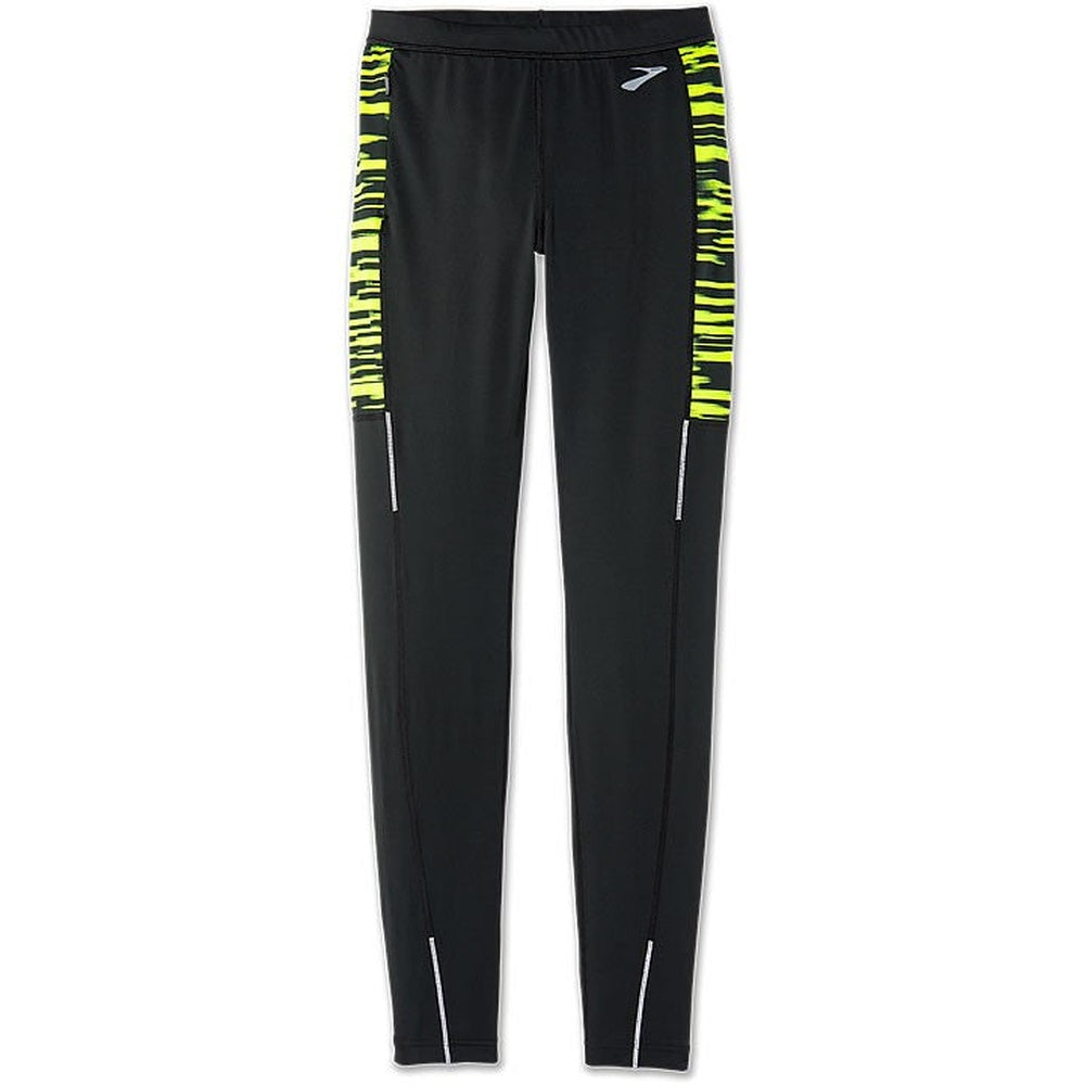 Brooks men's black running tights with bright yellow geometric side panels and reflective details