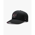 Wrld Tags Miami MIA black snapback hat with pink accents and rubber patch on white background