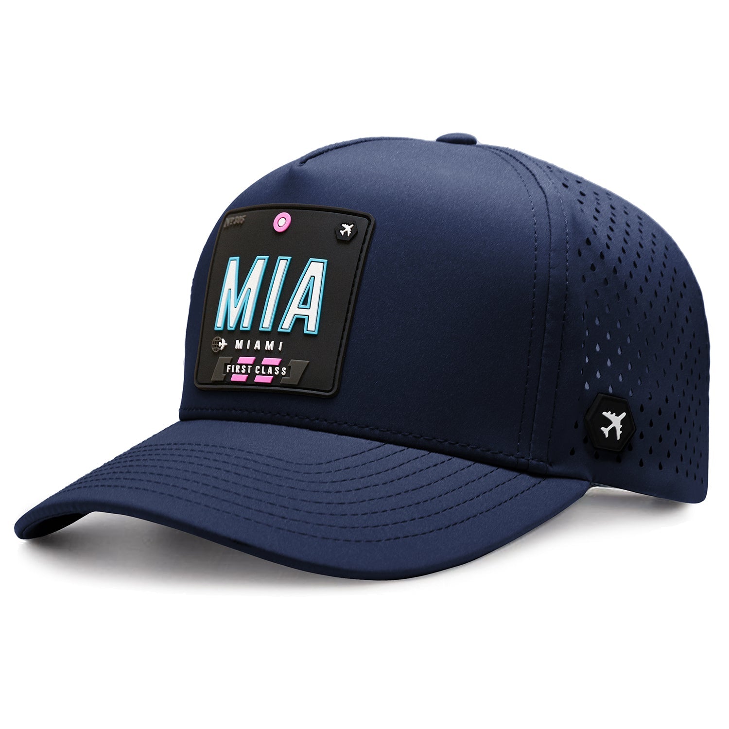 Navy blue Miami trucker hat with MIA airport code patch and perforated side panels